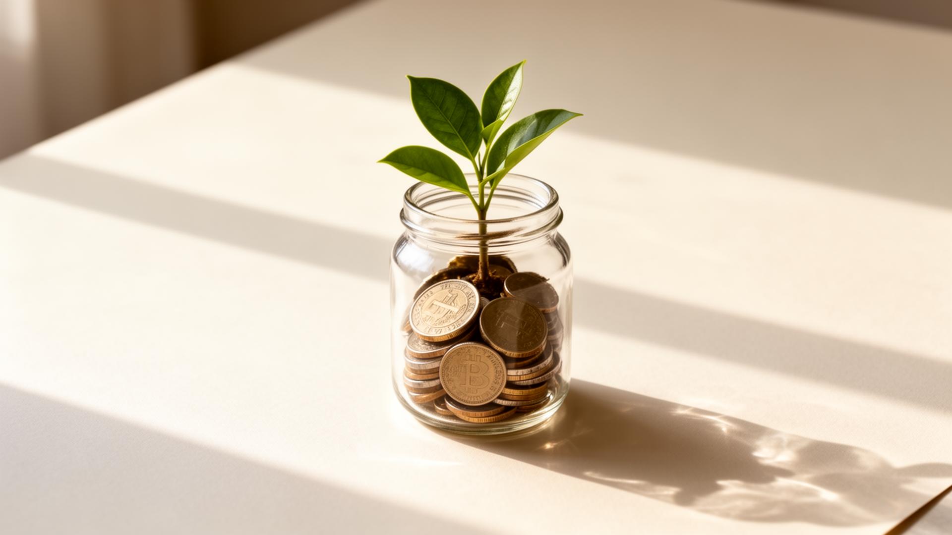 A small green plant growing from a glass jar of coins